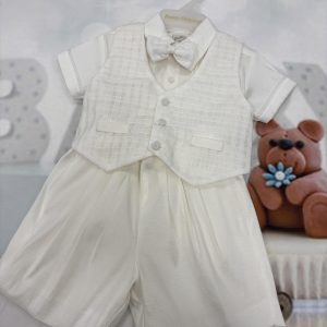 Pretty Originals Cream Shirt Shorts & Wastecoat Set With Bow Tie- DL61898E