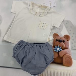 Baby Gi cream and blue/ grey baby set with pocket C70C