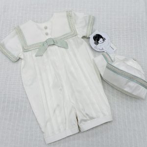 Sarah Louise ceremonial short sleeved romper ivory/green silk 002238