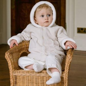 Emile et rose Holland knitted jacket with fur hood and pom pom 9332