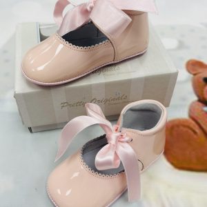 Pretty originals patent pram shoe with ribbons 2292